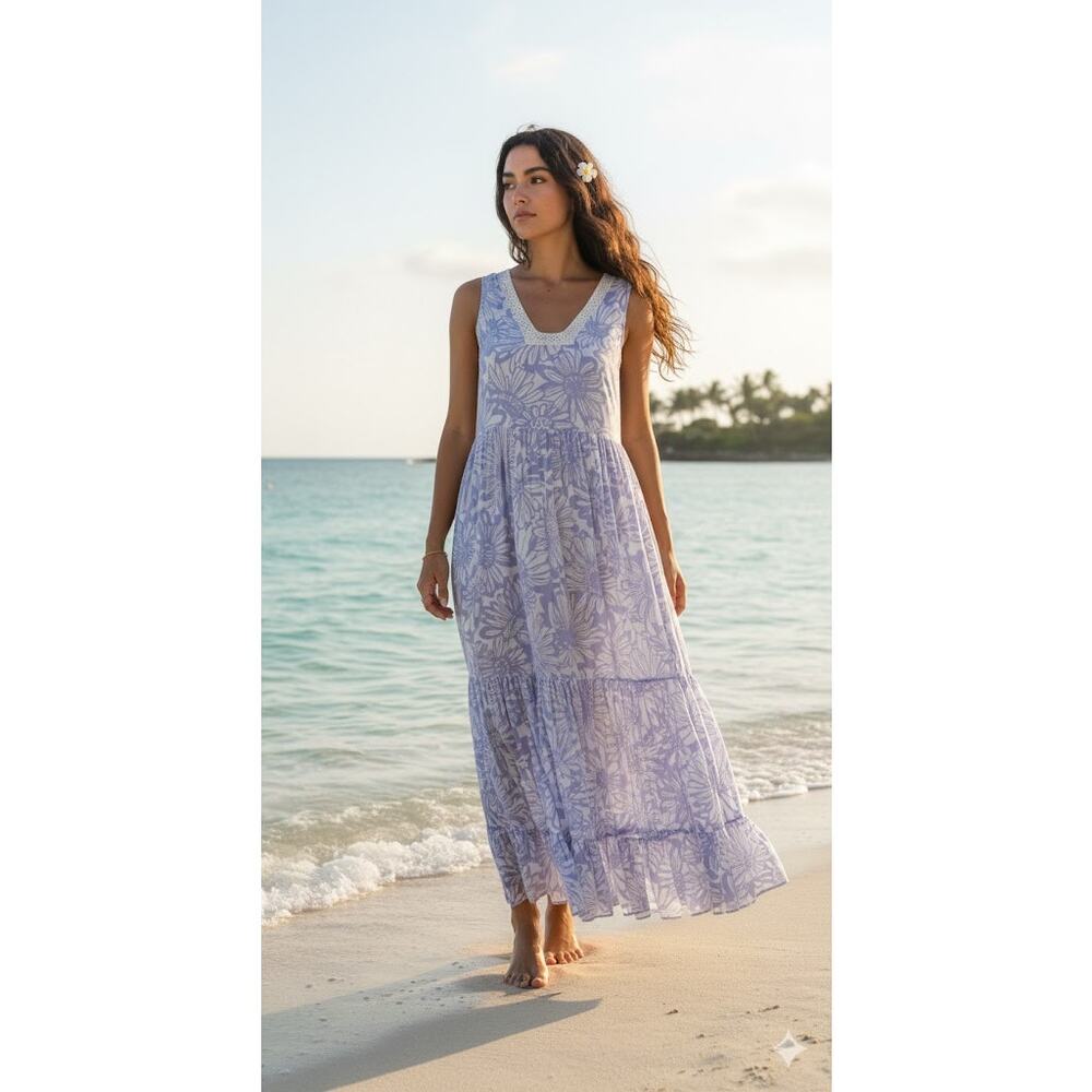 Free People S Lavender Floral Maxi Dress‎ - Lace Trim Boho Tiered Beachy Coastal